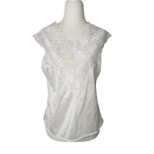 Vintage 80s MMI v-neck white lace trim nylon lingerie top M